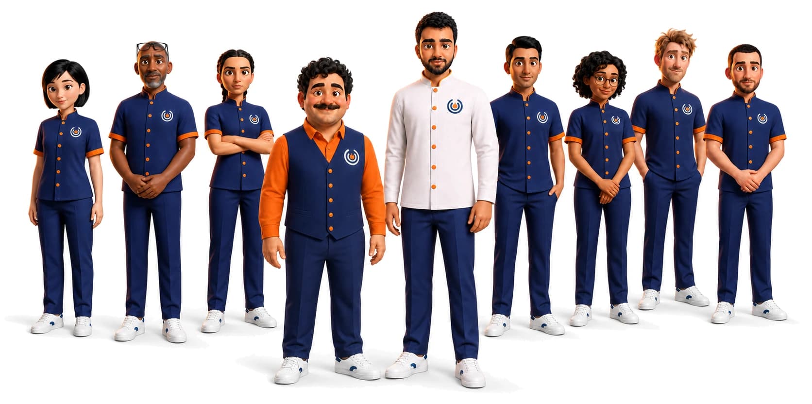 The Codecooks cast, standing together: the master chef in a white coat and Luigi in his orange front of house vest at the centre, the seven cooks in navy around them.