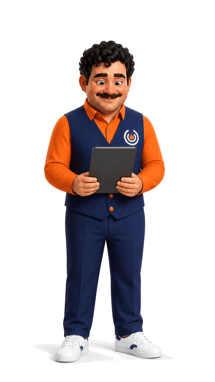 Luigi, front of house at Codecooks, holding a tablet