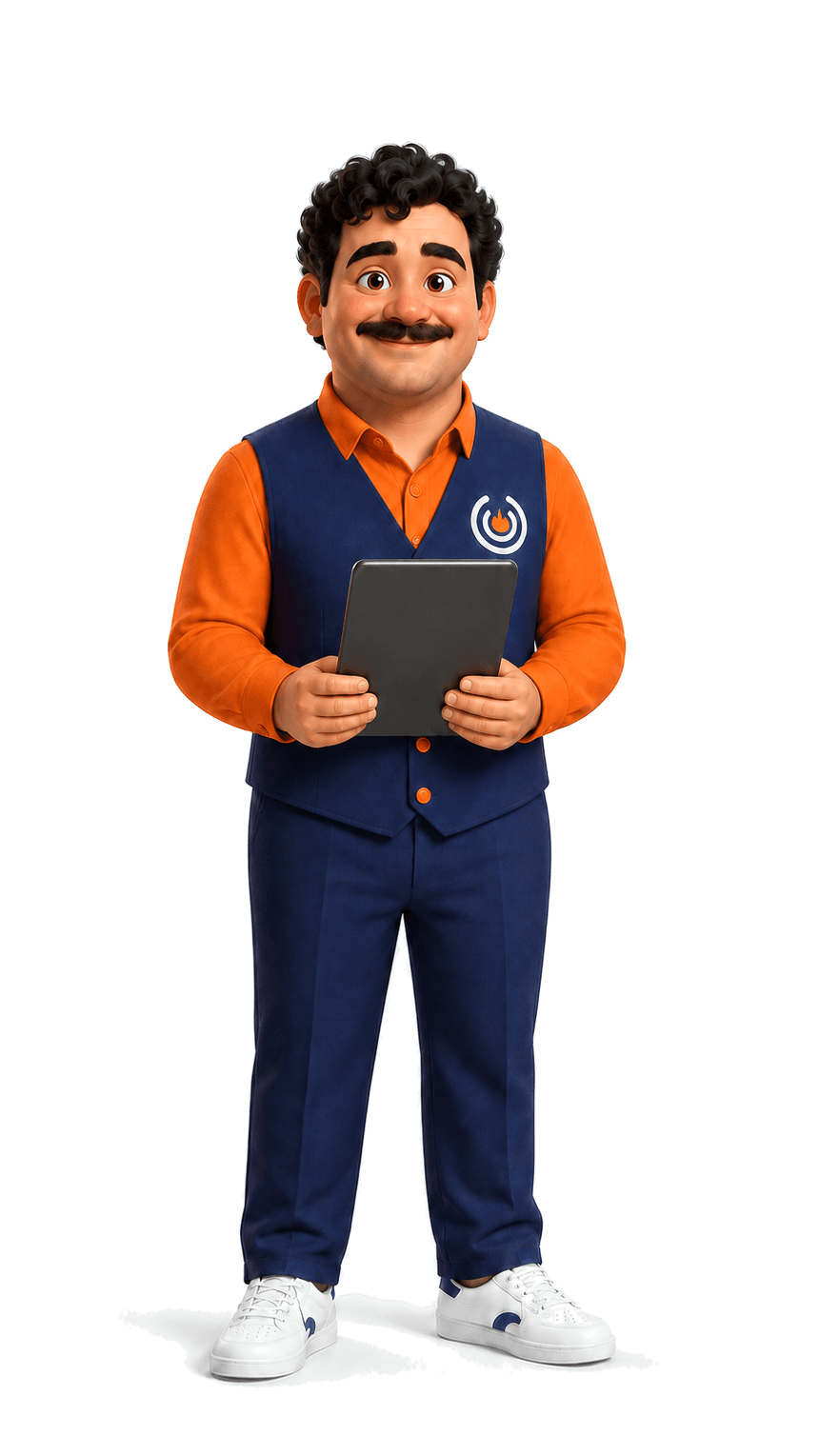 Luigi, front of house, holding a tablet ready to take an order
